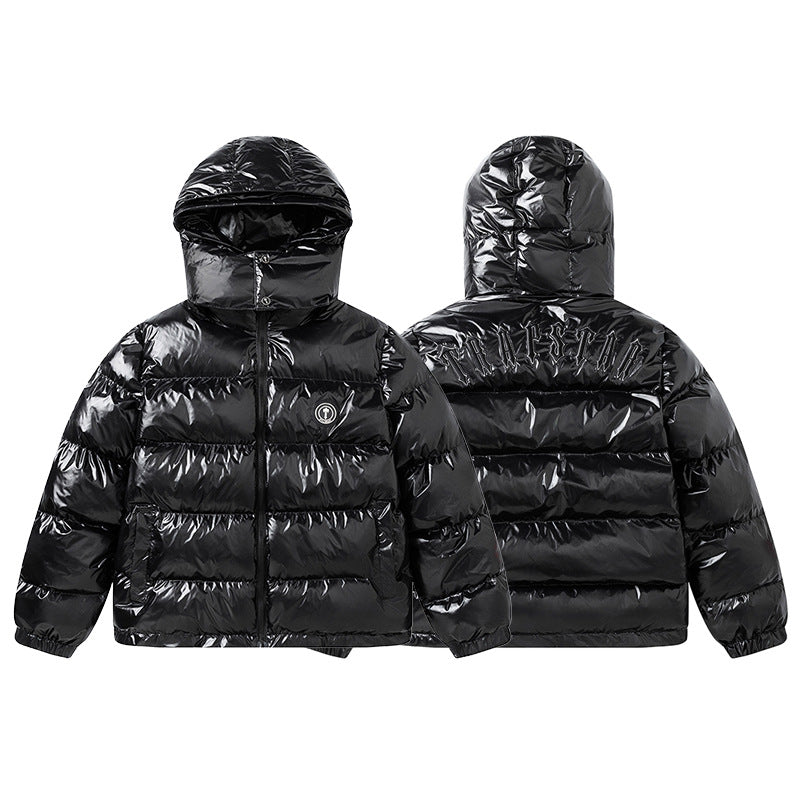 Black glossy thickened cotton jacket with small logo