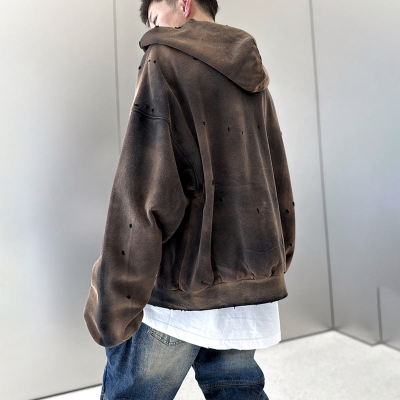 Wasteland-style washed water-stained hole bomber jacket