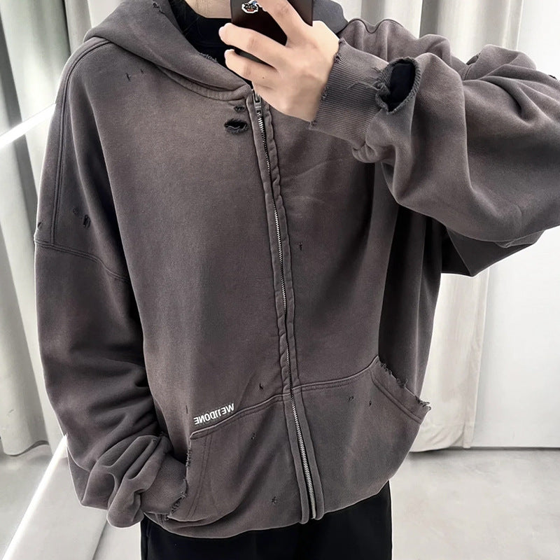Wasteland-style washed water-stained hole bomber jacket