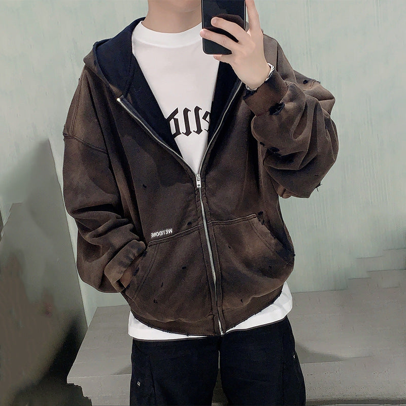 Wasteland-style washed water-stained hole bomber jacket