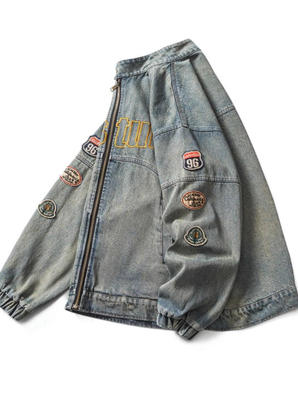 Washed grey stand-up collar denim jacket